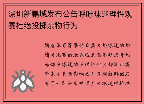 深圳新鹏城发布公告呼吁球迷理性观赛杜绝投掷杂物行为